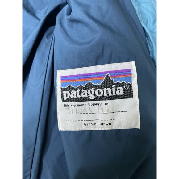 PATAGONIA BLUE DOWN FILL HOODED PUFFER PUFFY KIDS JACKET 3T QUILT ELBOW PATCH - Picture 6 of 12